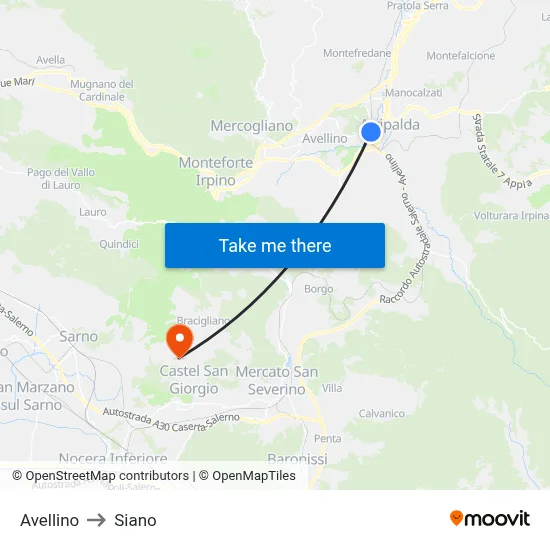 Avellino to Siano map