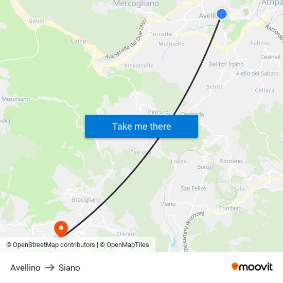 Avellino to Siano map