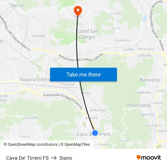 Cava De' Tirreni Station to Siano map