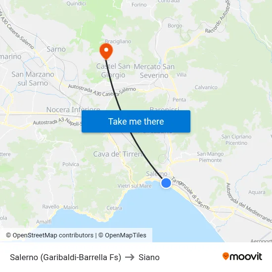 Salerno (Garibaldi-Barrella Station) to Siano map