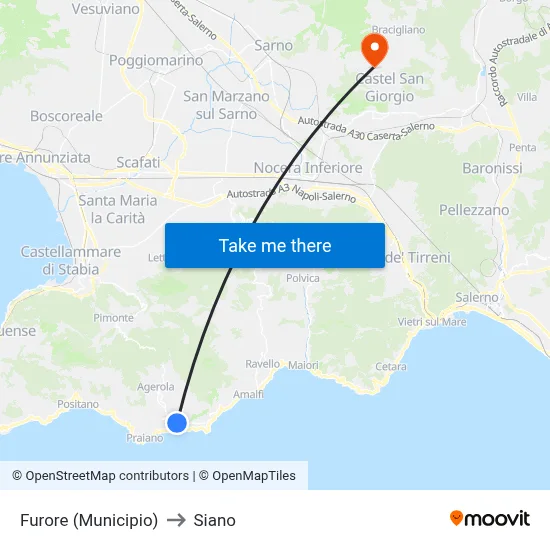 Furore (Town Hall) to Siano map