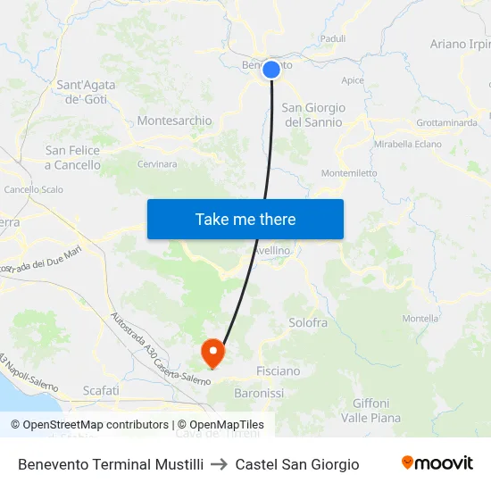 Benevento Mustilli Terminal to Castel San Giorgio map