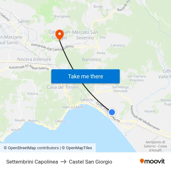 Settembrini Terminal to Castel San Giorgio map