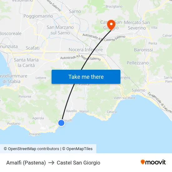 Amalfi (Pastena) to Castel San Giorgio map