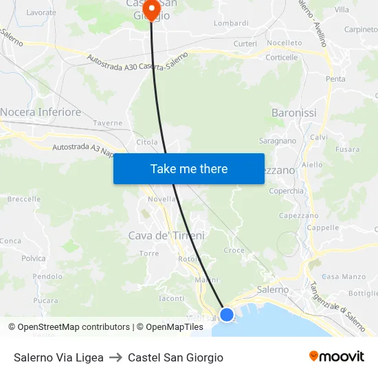 Salerno Via Ligea to Castel San Giorgio map