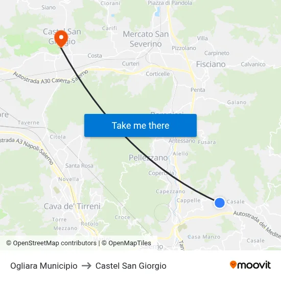 Ogliara Town Hall to Castel San Giorgio map
