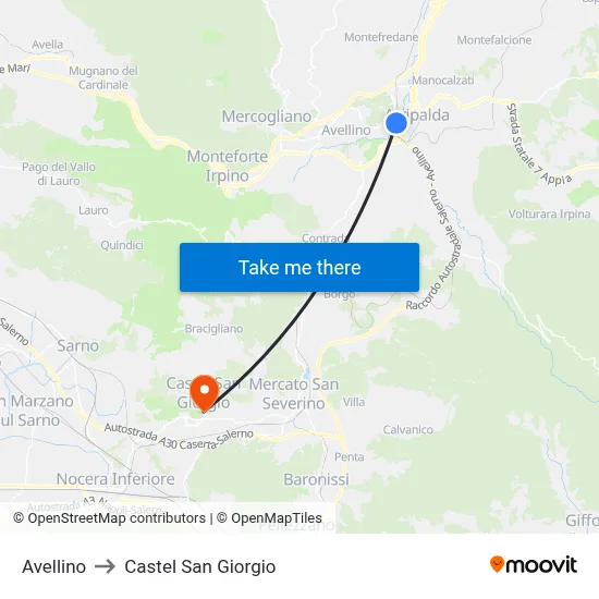 Avellino to Castel San Giorgio map