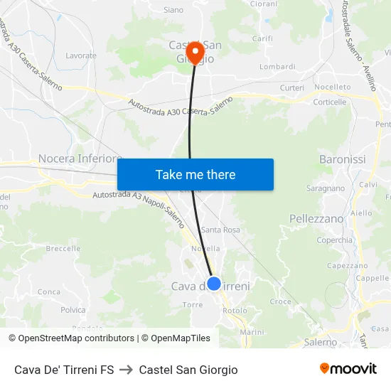Cava De' Tirreni Station to Castel San Giorgio map