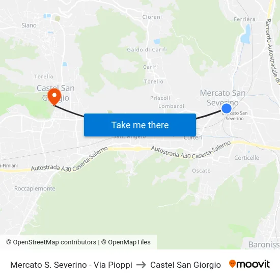 Mercato S. Severino - Pioppi Street to Castel San Giorgio map