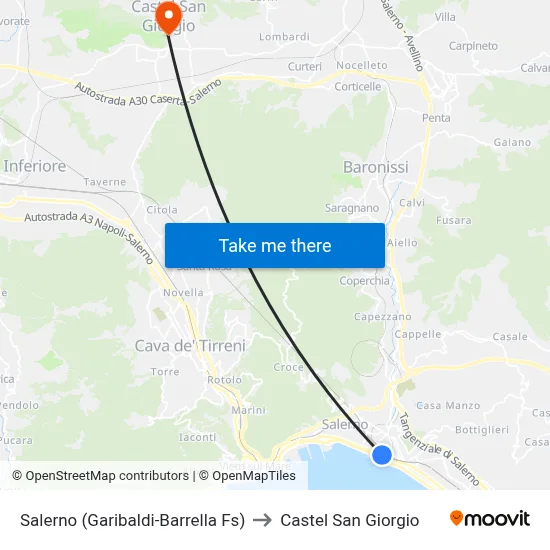 Salerno (Garibaldi-Barrella Station) to Castel San Giorgio map