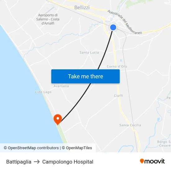 Battipaglia to Campolongo Hospital map