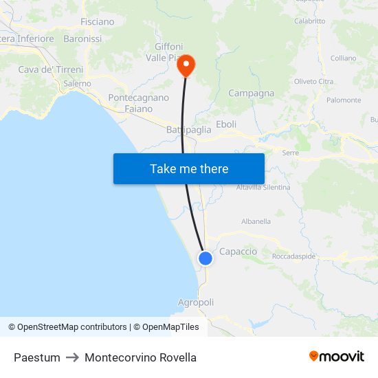 Paestum to Montecorvino Rovella map