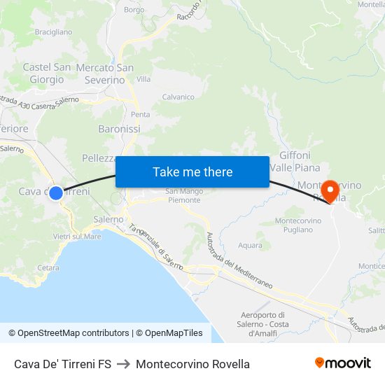 Cava De' Tirreni FS to Montecorvino Rovella map