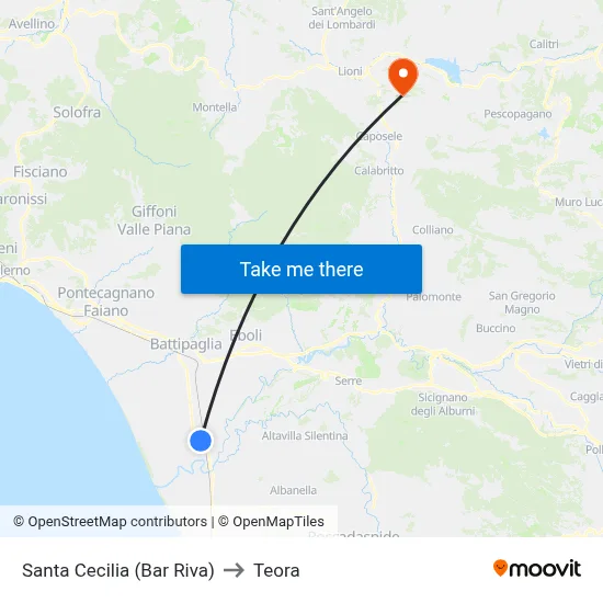 Santa Cecilia (Bar Riva) to Teora map