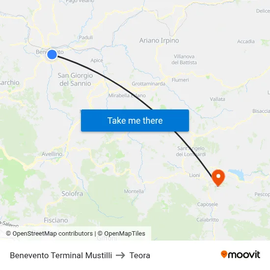 Benevento Mustilli Terminal to Teora map