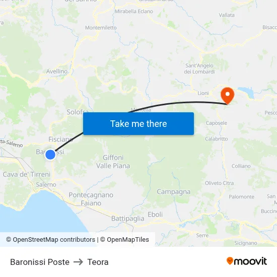 Baronissi Post Office to Teora map