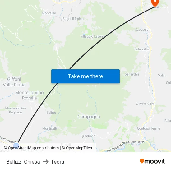 Bellizzi Church to Teora map