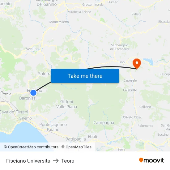 Fisciano University to Teora map
