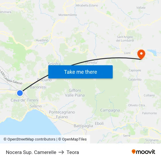 Upper Nocera Camerelle to Teora map