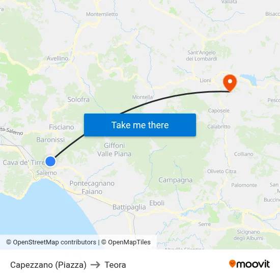 Capezzano (Square) to Teora map