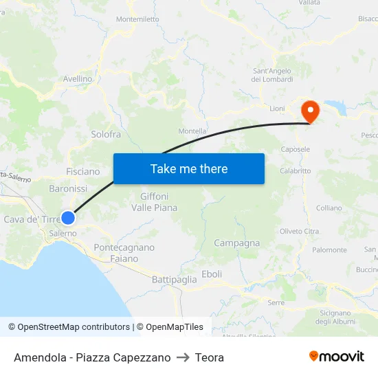 Amendola - Capezzano Square to Teora map