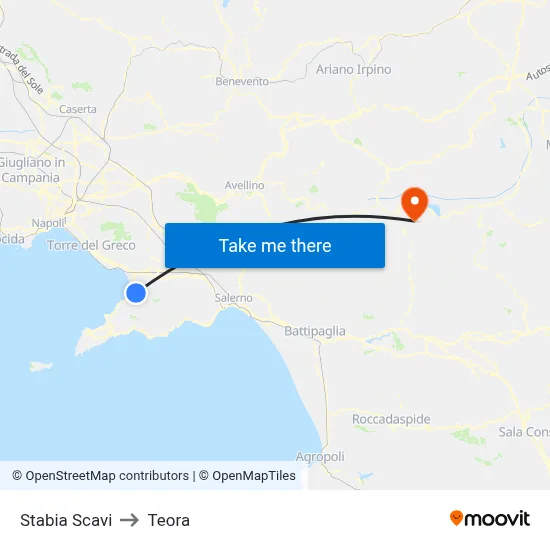 Stabia Excavations to Teora map