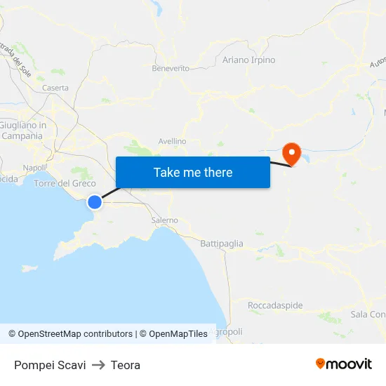 Pompeii Excavations to Teora map
