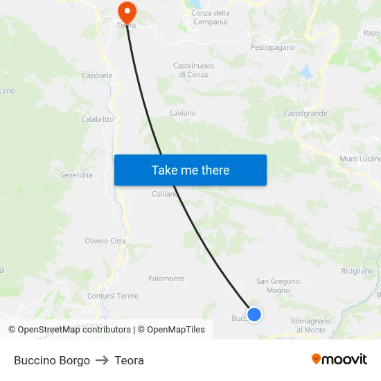 Buccino Borgo to Teora map