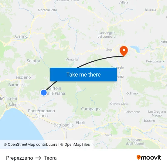 Prepezzano to Teora map