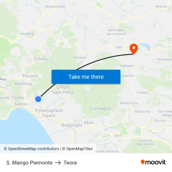 S. Mango Piemonte to Teora map