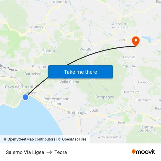 Salerno Via Ligea to Teora map