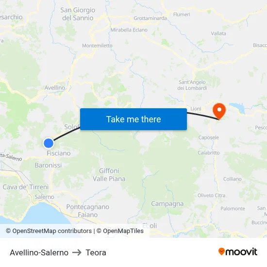 Avellino-Salerno to Teora map