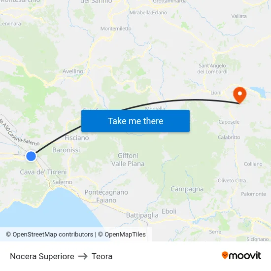Upper Nocera to Teora map