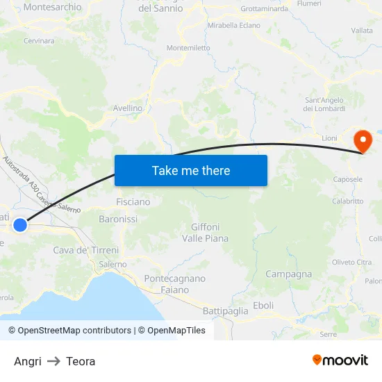 Angri to Teora map