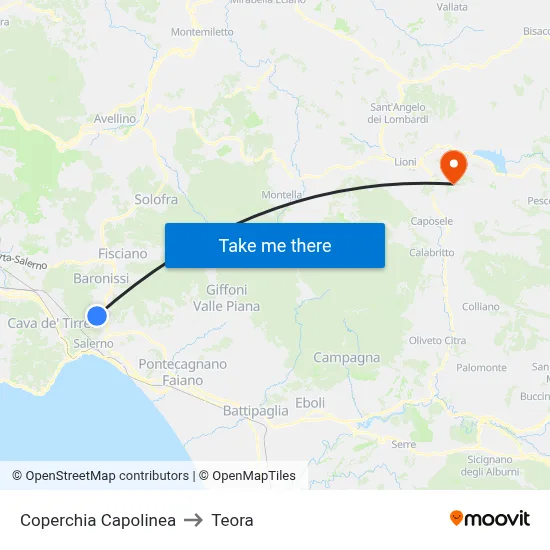 Coperchia Terminal to Teora map