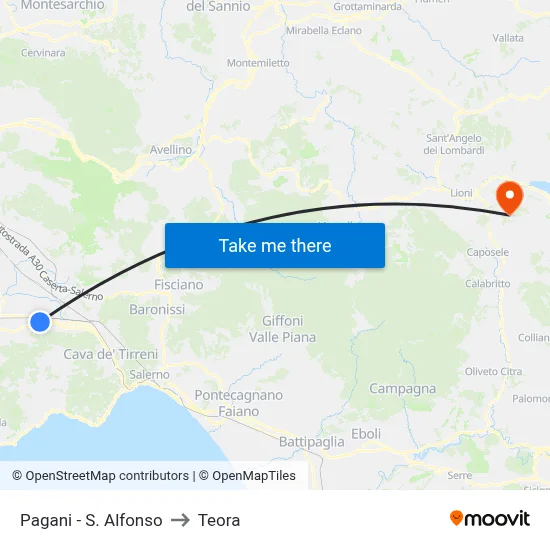 Pagani - St. Alfonso to Teora map