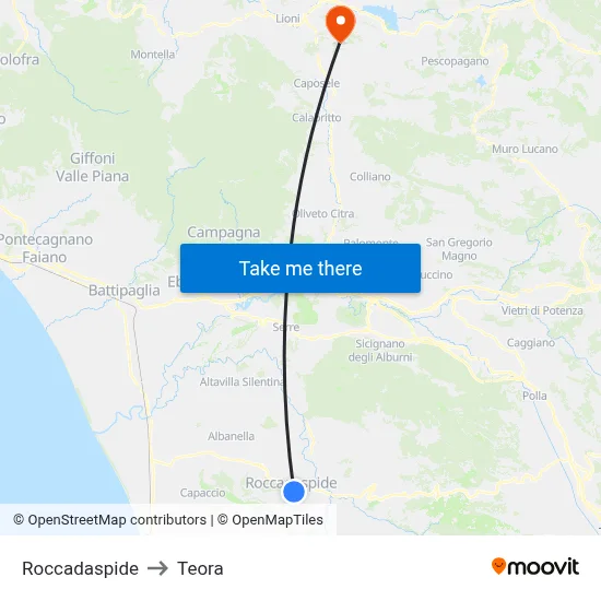 Roccadaspide to Teora map
