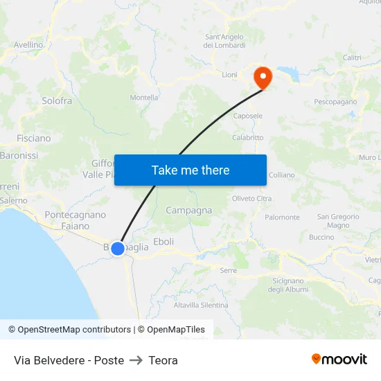 Via Belvedere - Post Office to Teora map