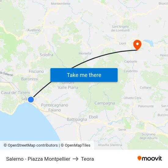 Salerno - Montpellier Square to Teora map