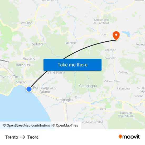 Trento to Teora map
