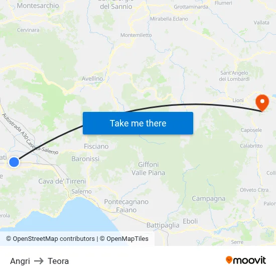 Angri to Teora map