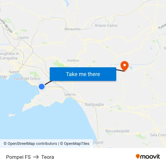 Pompei Station to Teora map