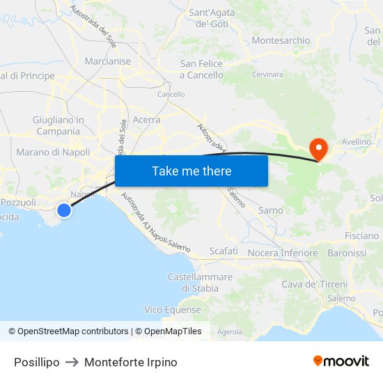 Posillipo to Monteforte Irpino map