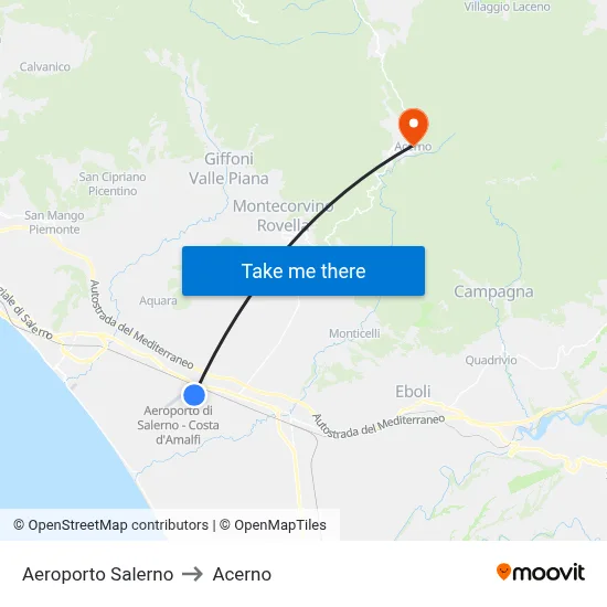 Salerno Airport to Acerno map