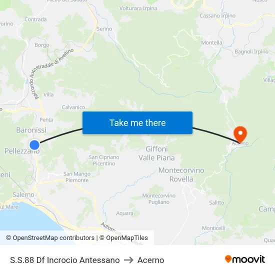 SS88 Highway Antessano Junction to Acerno map