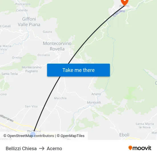 Bellizzi Church to Acerno map