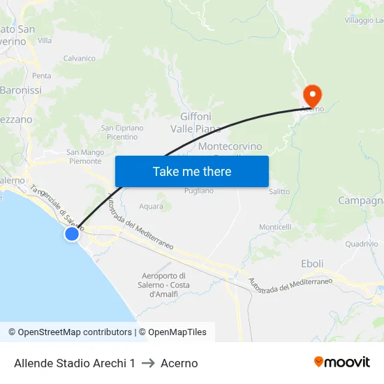 Allende Arechi Stadium 1 to Acerno map