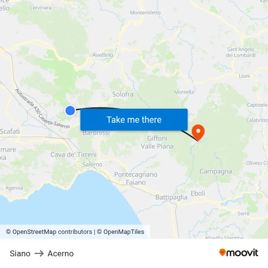 Siano to Acerno map
