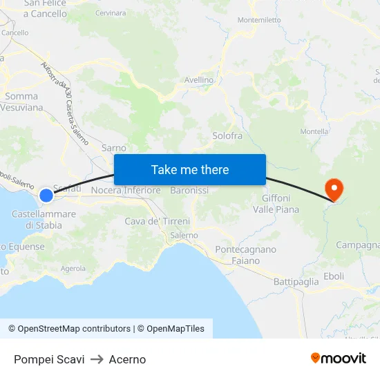 Pompeii Excavations to Acerno map