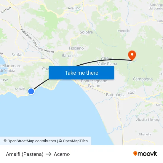 Amalfi (Pastena) to Acerno map